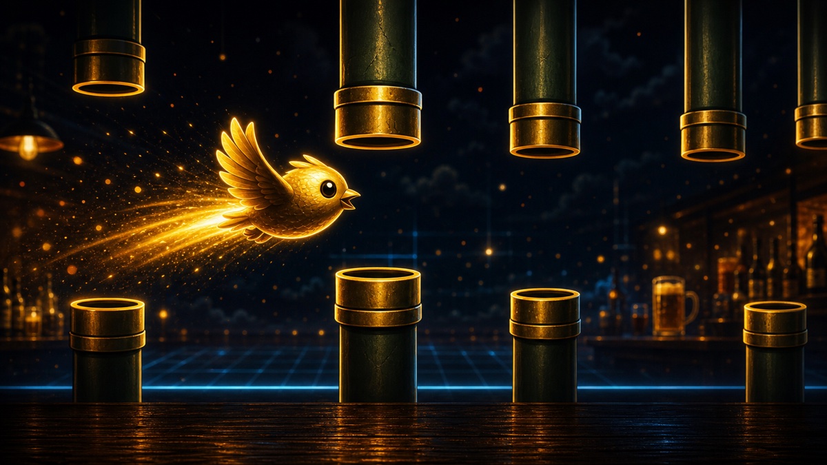 Illustration du jeu Flappy 132 avec oiseau doré volant entre les tuyaux