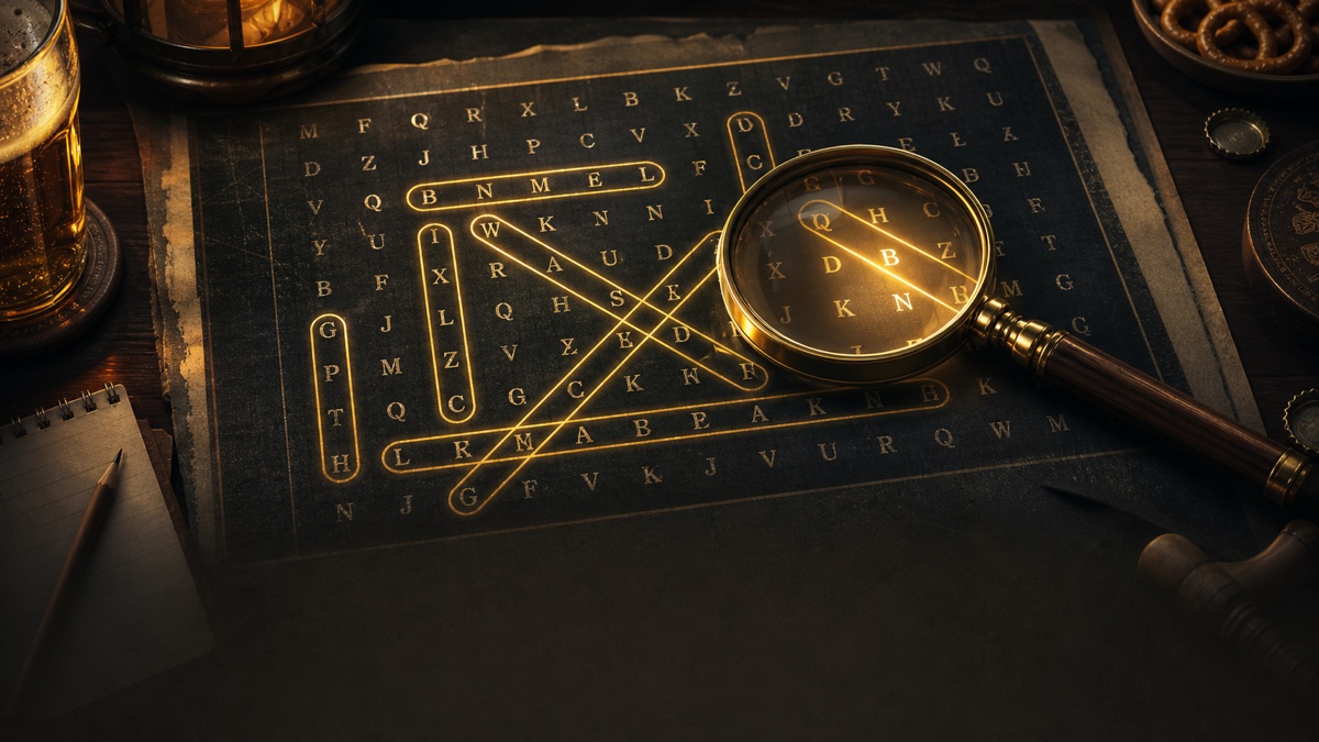 Illustration du jeu Mots cachés 132 avec grille de lettres et loupe
